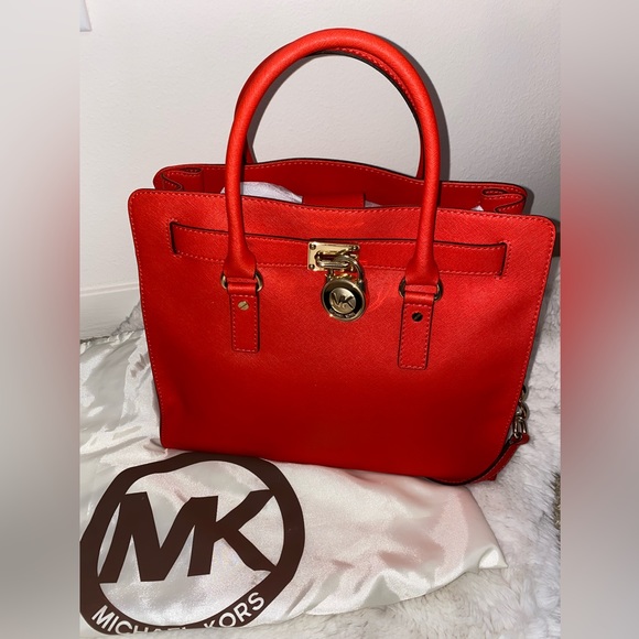 MICHAEL KORS HAMILTON MANDARIN RED SAFFIANO LEATHER GOLD EW SATCHEL BAG - Picture 2 of 9